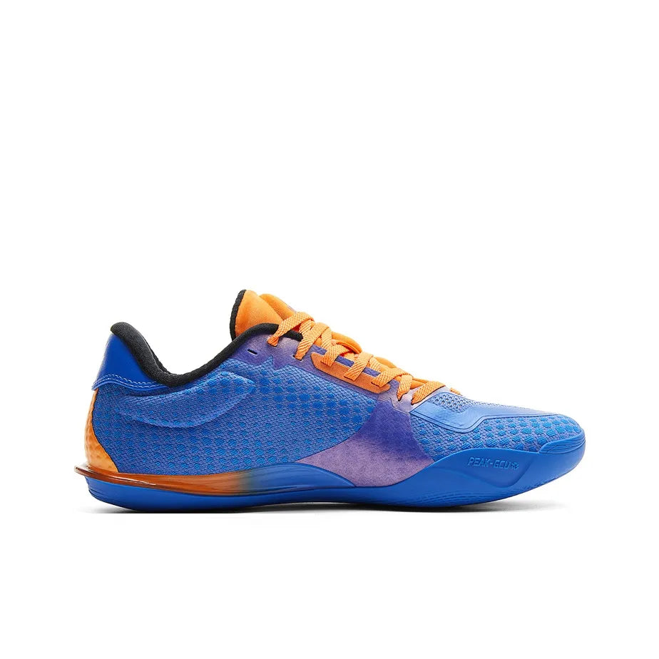 Blue basketball shoe with orange laces, yellow trim, and black heel collar