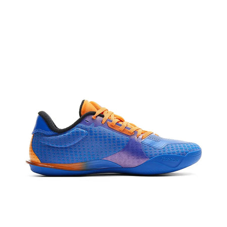 Blue basketball shoe with orange laces, yellow trim, and black heel collar