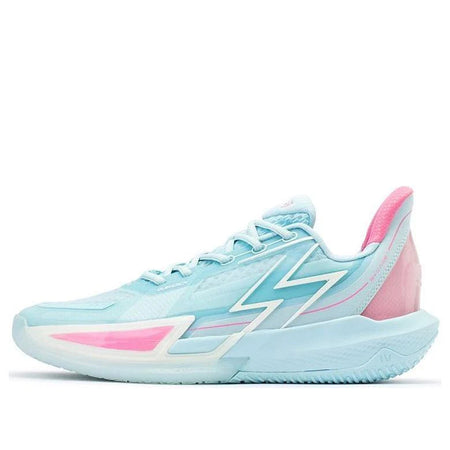 Light blue basketball shoe with pink accents, lace-up, padded collar and thick sole