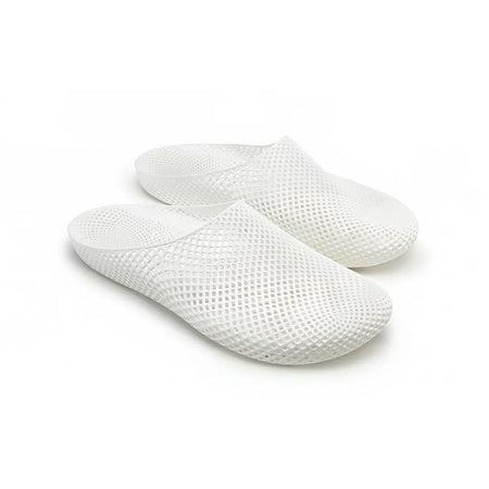 White 3D printed slip-on slippers with grid-texture upper