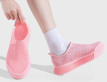 Pink 3D-printed casual sneakers with slip-on mesh upper and thick rubber sole