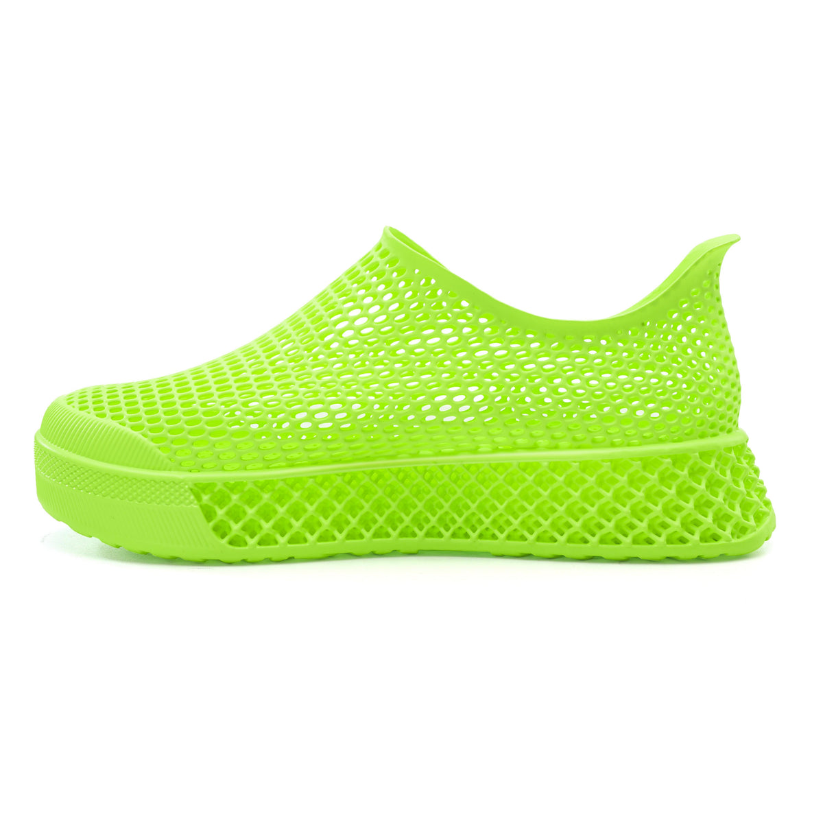3D printed casual sneakers in lime green, perforated slip-on upper and side profile