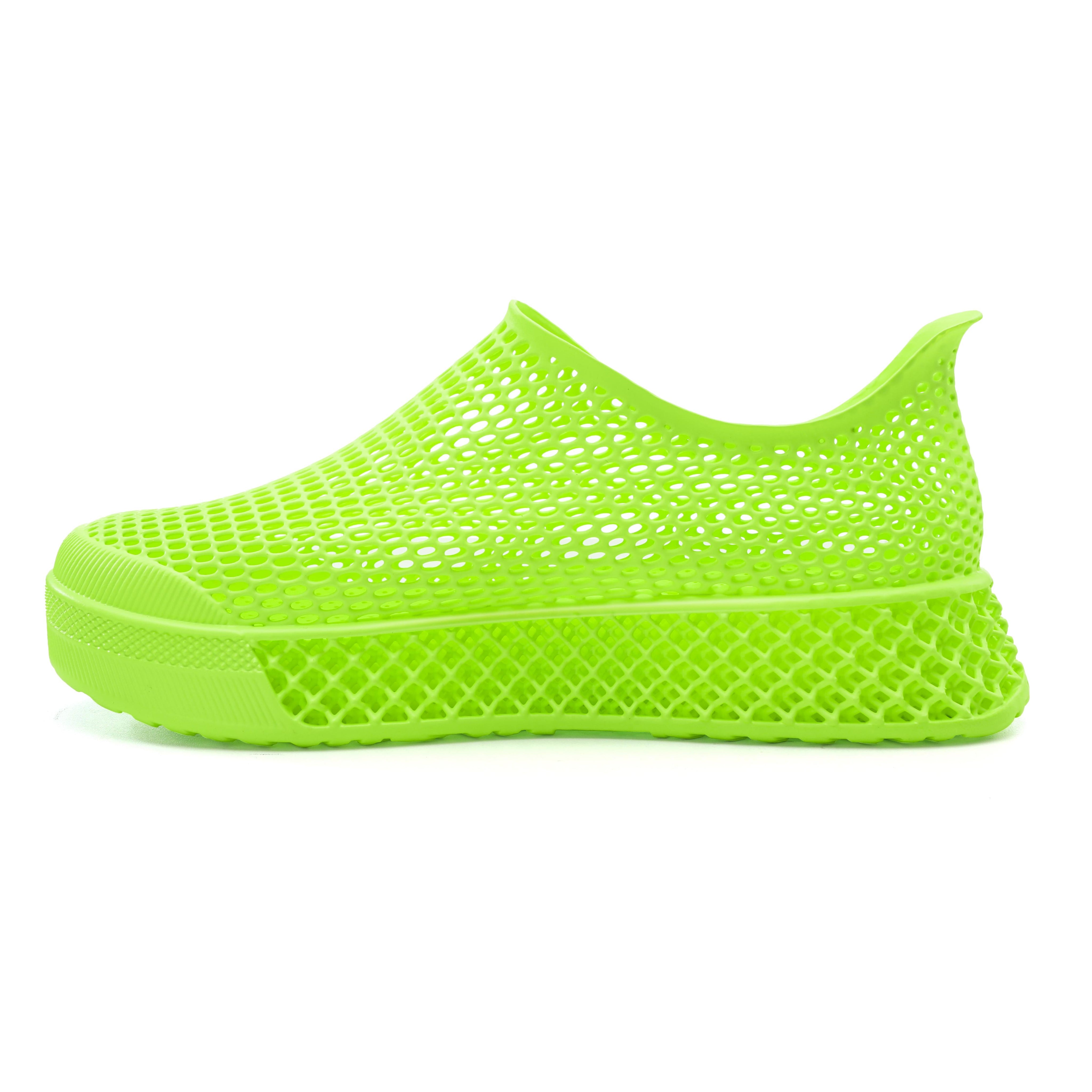 3D printed casual sneakers in lime green, perforated slip-on upper and side profile
