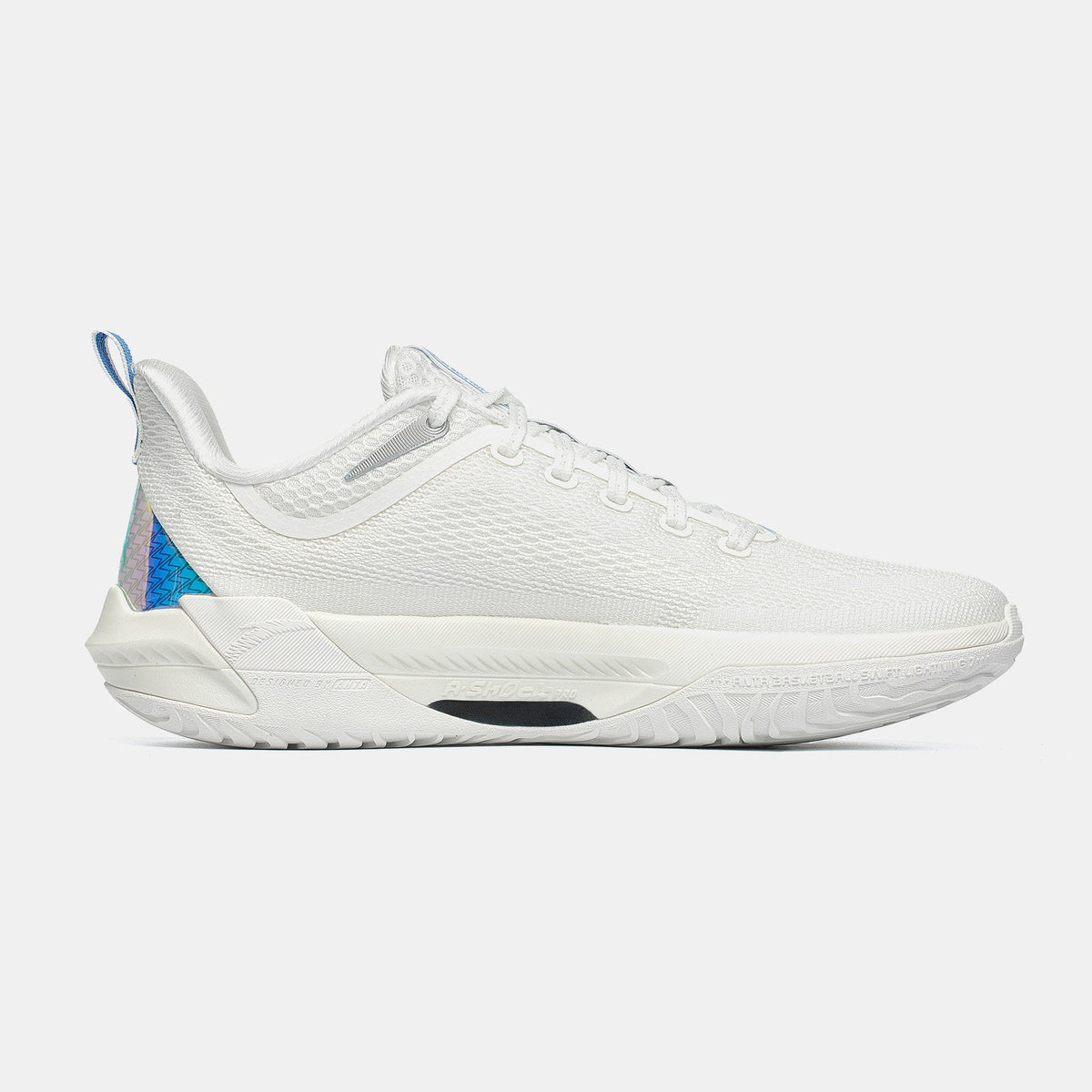 Men's white basketball shoe with blue accents, textured upper, and cushioned sole