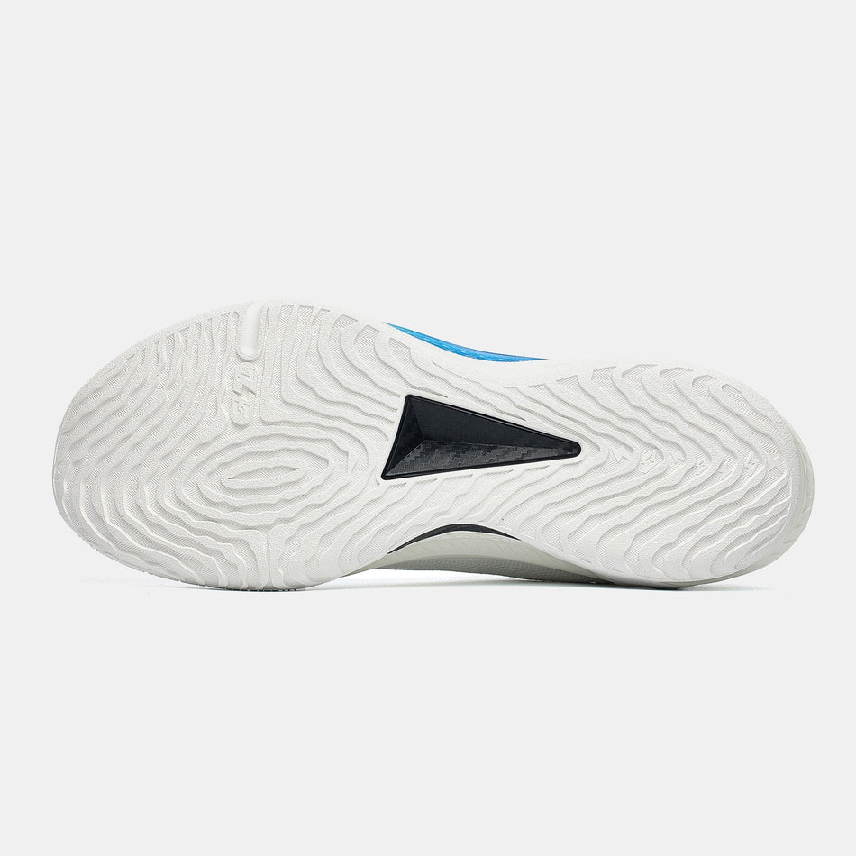 Men's white basketball shoe outsole with blue logo and dark traction insert
