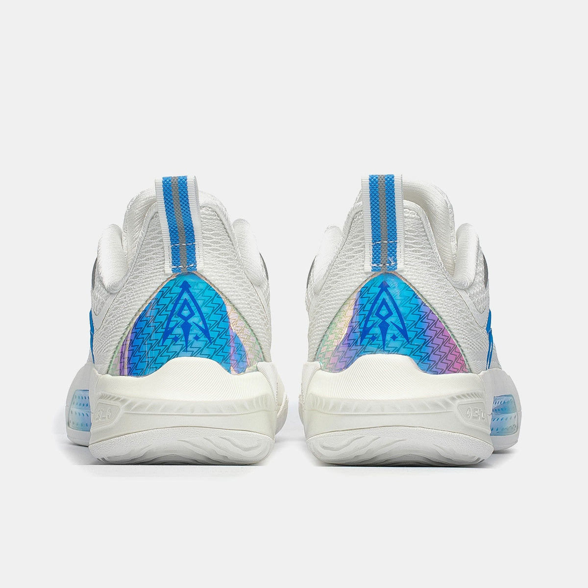 Pair of white basketball shoes with blue heel straps and purple-blue inner panels