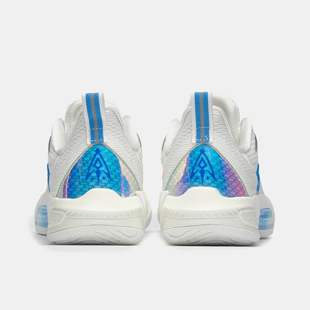Pair of white basketball shoes with blue heel straps and purple-blue inner panels