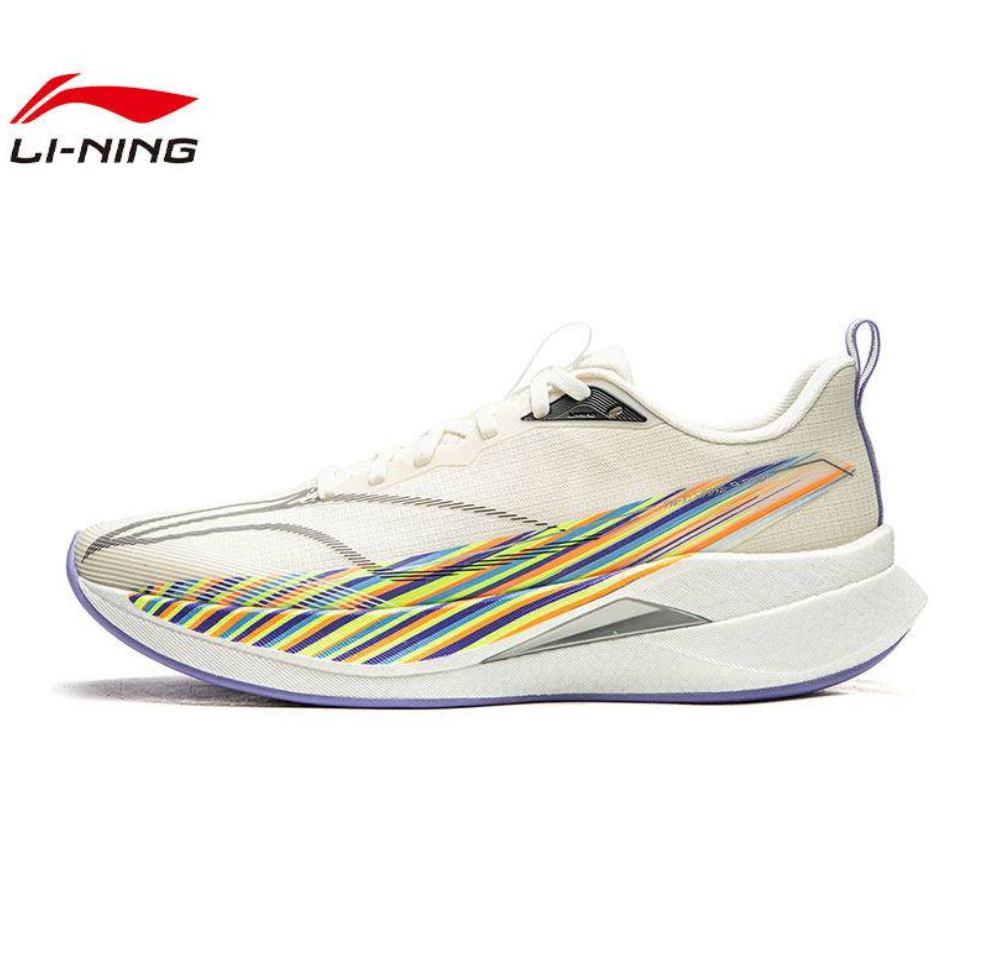 White mesh running shoe with multicolor diagonal stripe and cushioned sole