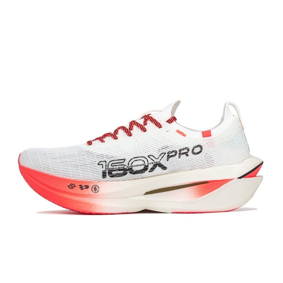 White and red marathon racing shoe with lace-up knit upper and PRO branding