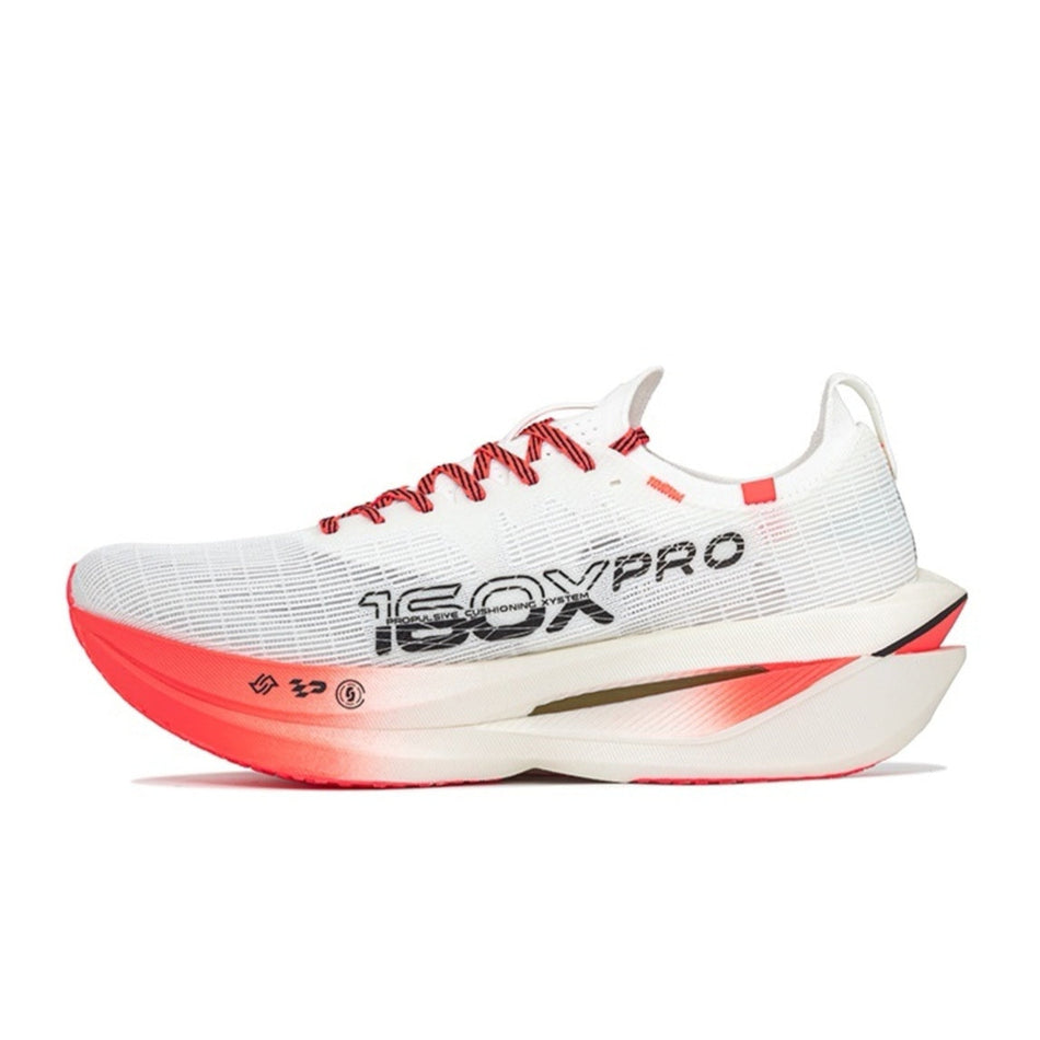 White and red marathon racing shoe with lace-up knit upper and PRO branding