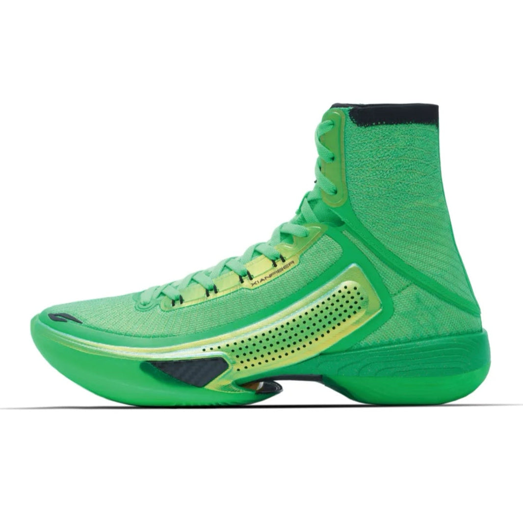 Green high-top basketball shoe with black collar, lace-up closure, perforated side panel
