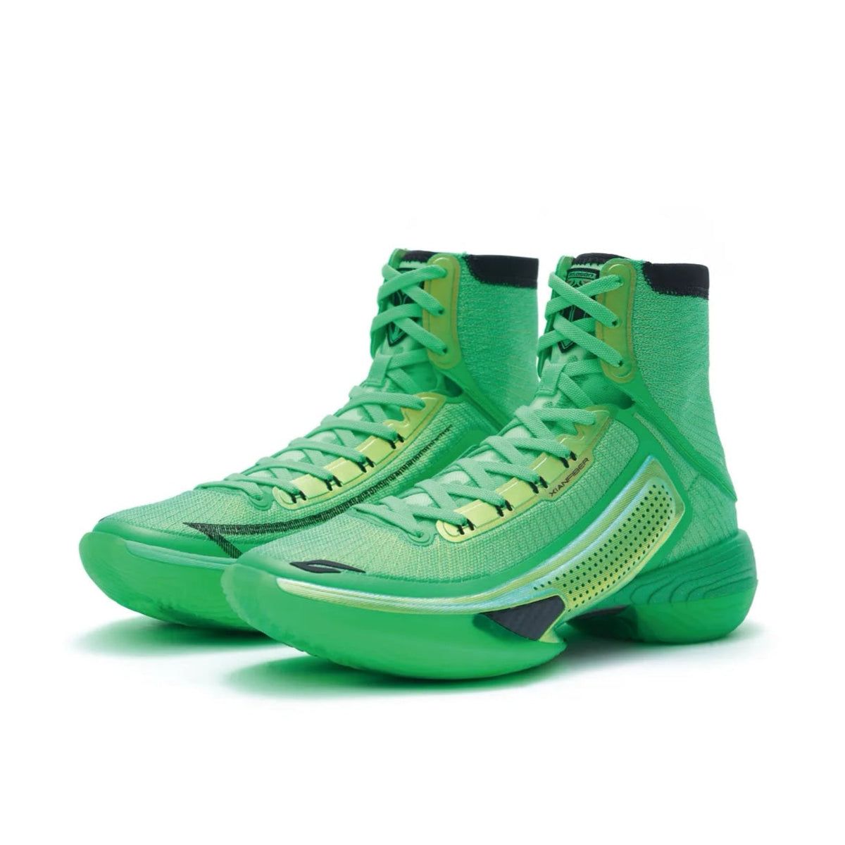 Pair of green high-top basketball shoes with lace-up, perforated side panel, and black details