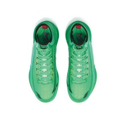 Pair of green high-top basketball shoes, front view with lace-up and black accents