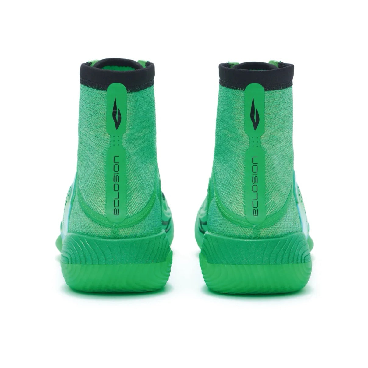 Pair of green high-top basketball shoes with black heel tab and cushioned sole