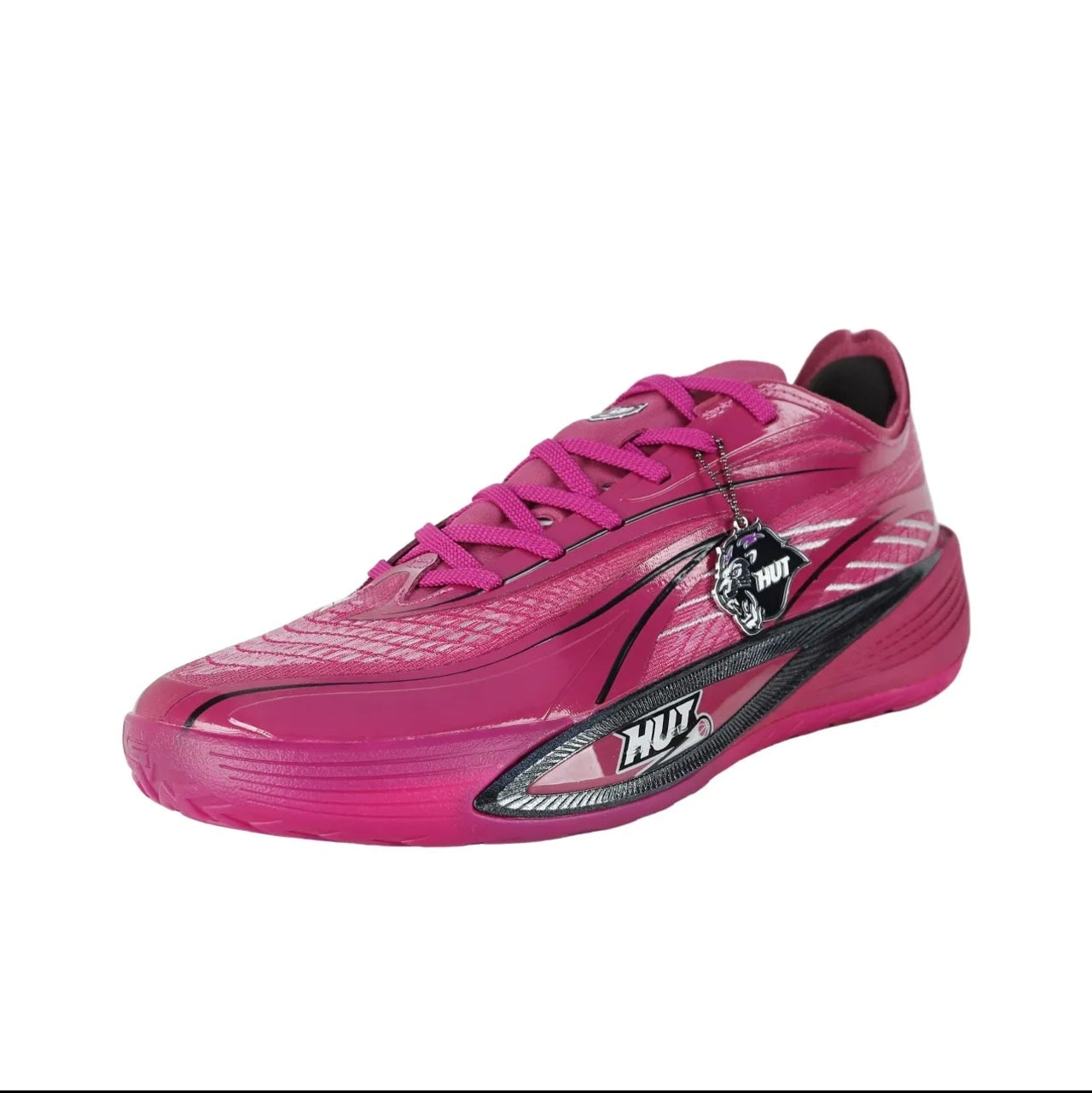 A pink athletic sneaker with a textured mesh upper, matching pink laces, and a black and silver sole accent, shown on a plain white background.