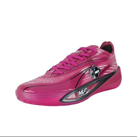 A pink athletic sneaker with a textured mesh upper, matching pink laces, and a black and silver sole accent, shown on a plain white background.