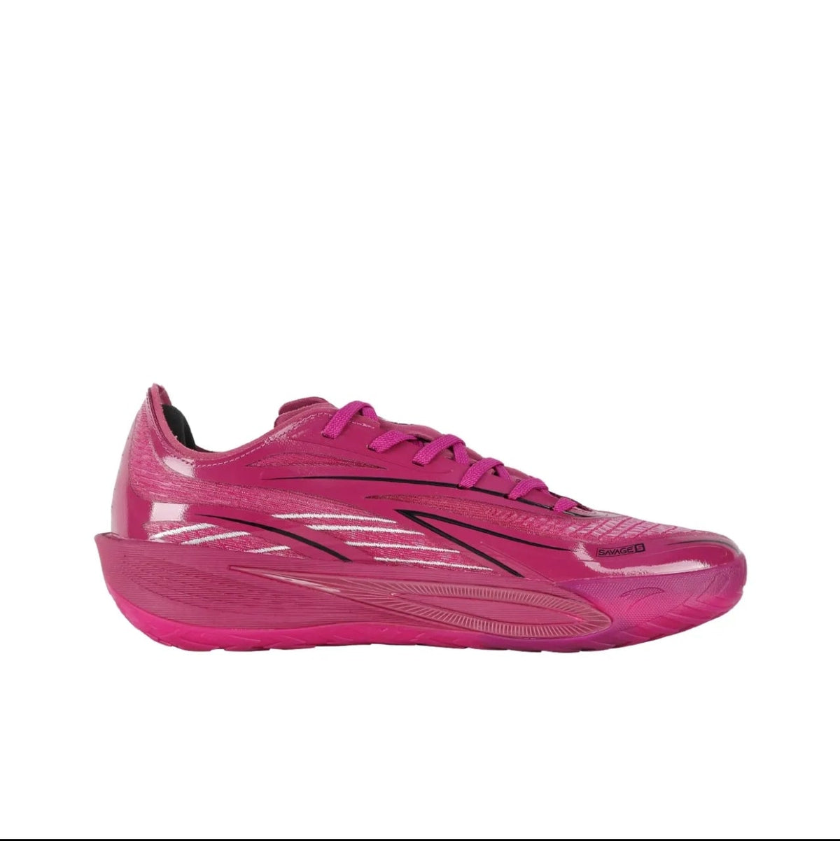 A single pink athletic sneaker shown in side profile on a plain white background, with black letterboxing and mobile app interface elements around it.