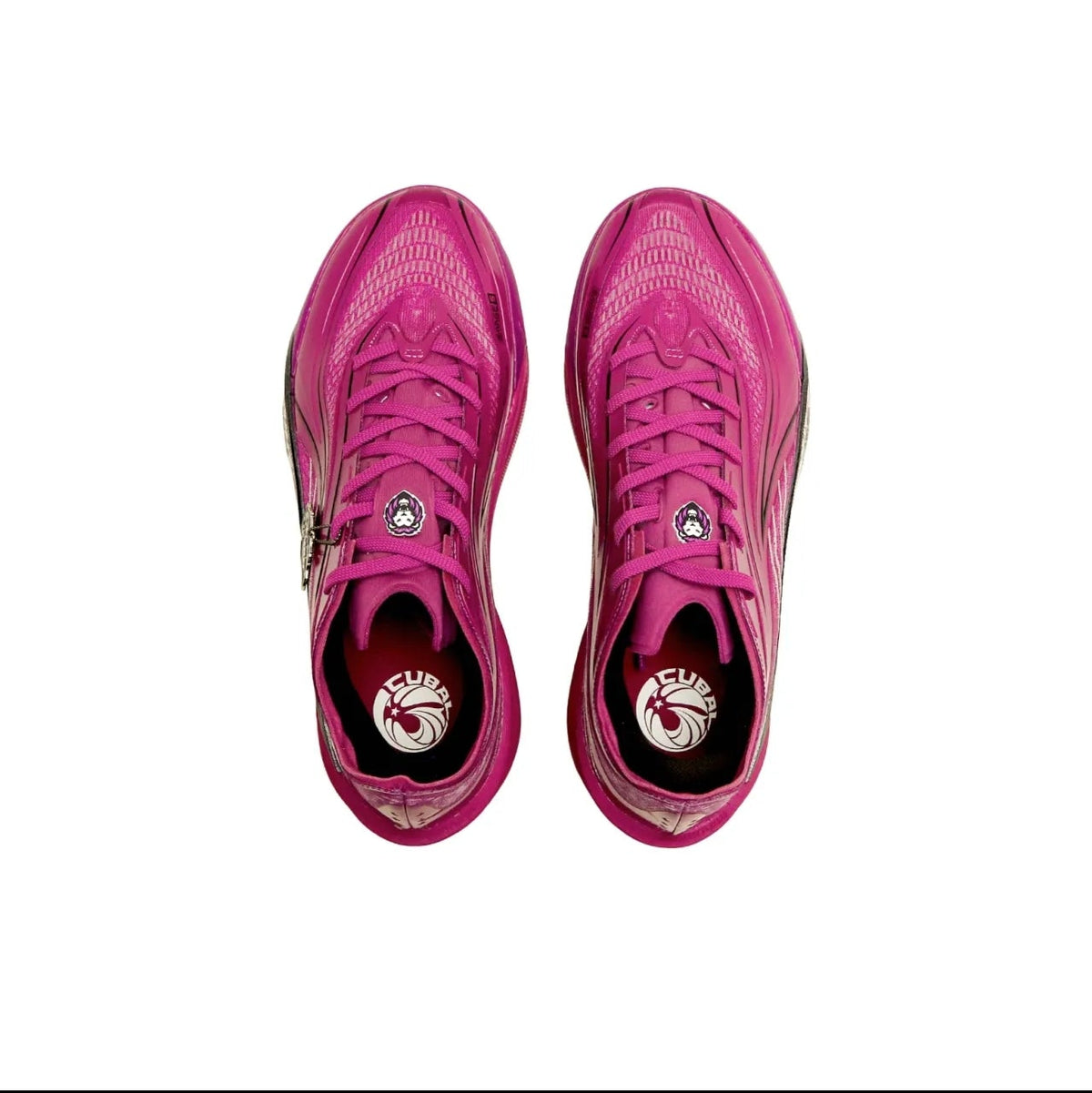 A pair of bright pink athletic cleats shown from a top-down view on a white background, with a black phone app interface surrounding the photo.