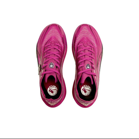A pair of bright pink athletic cleats shown from a top-down view on a white background, with a black phone app interface surrounding the photo.