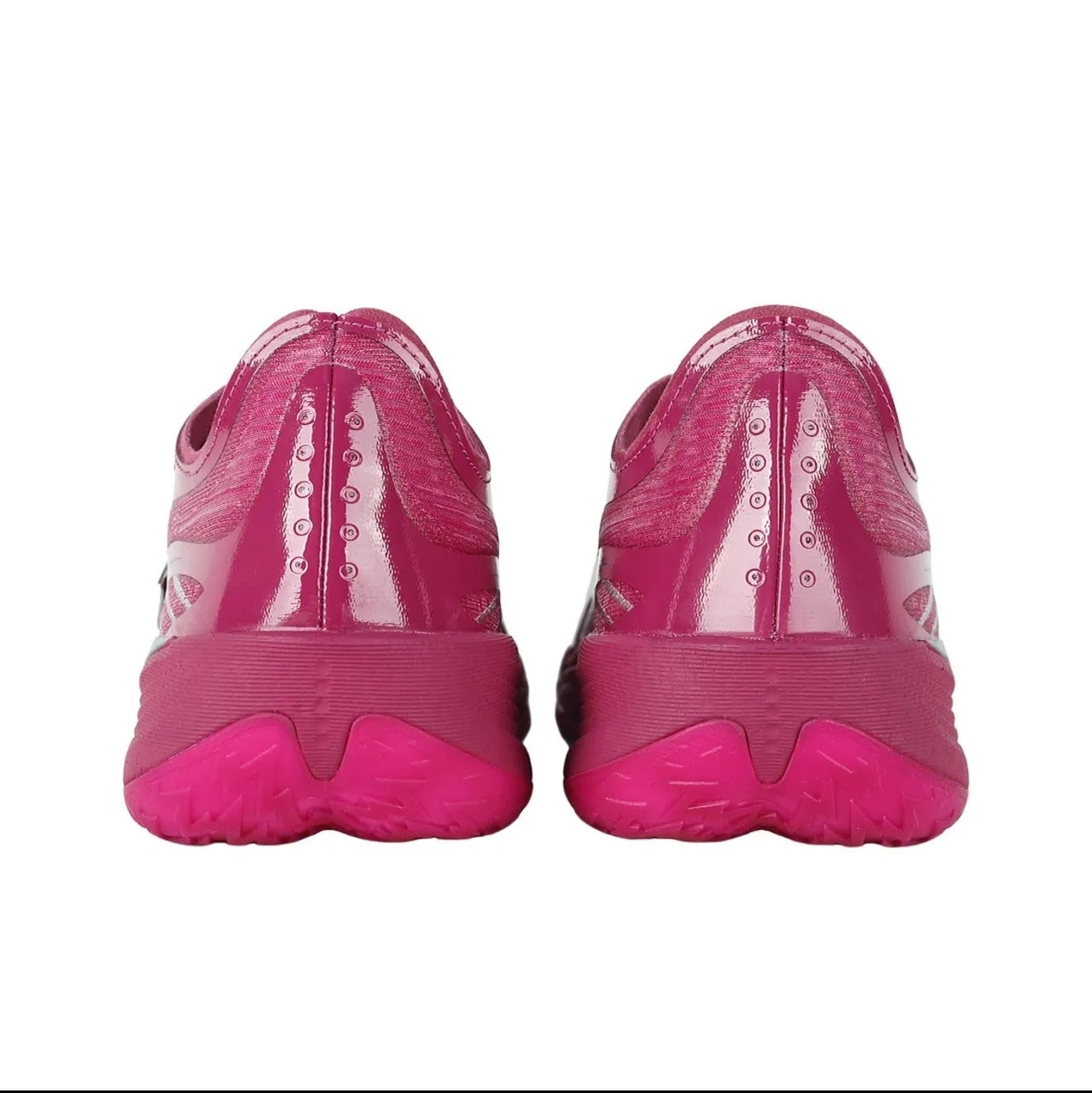A pair of pink athletic sneakers shown from the back, displayed on a white background within a mobile app screenshot.
