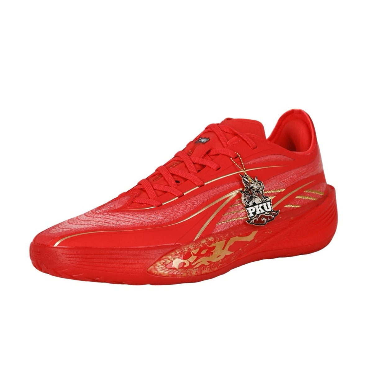 A red low-top athletic shoe with a glossy finish, featuring a small silver and black graphic on the side and a translucent red heel counter, shown against a plain white background.