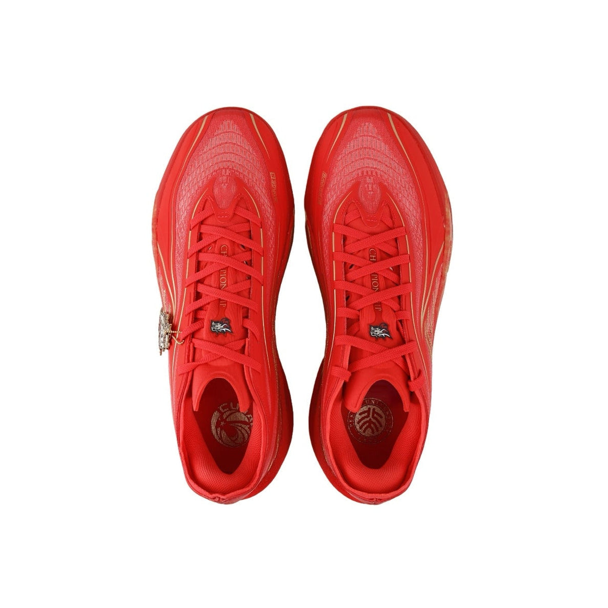 A pair of red athletic shoes shown from a top-down view on a white background, framed within a phone app screenshot with black bars and status icons.