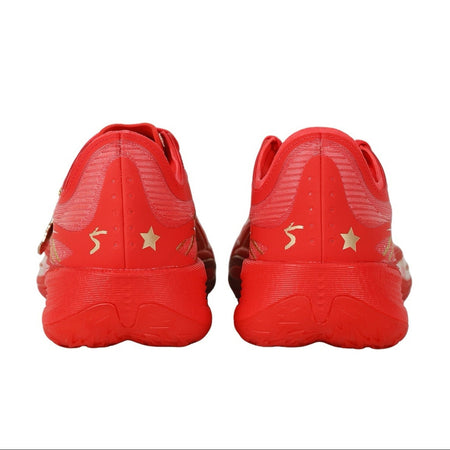 A pair of red athletic shoes shown from the back, featuring gold star and number 5 details on the heel, displayed on a white background within a mobile app screenshot.