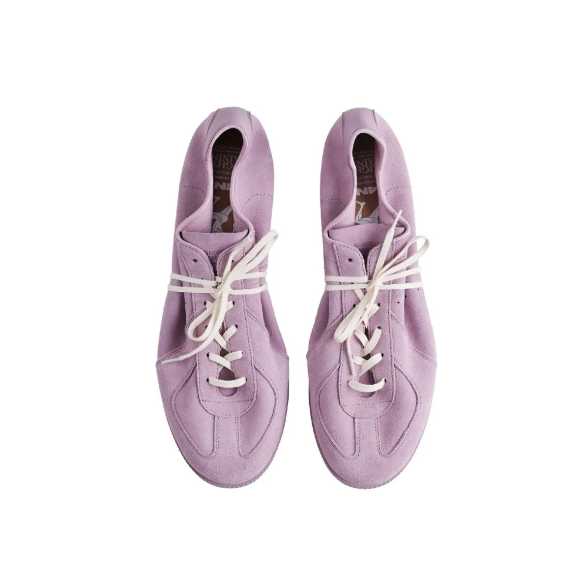 A pair of light purple low-top lace-up sneakers shown from above on a white background, with black phone interface bars around the screenshot.
