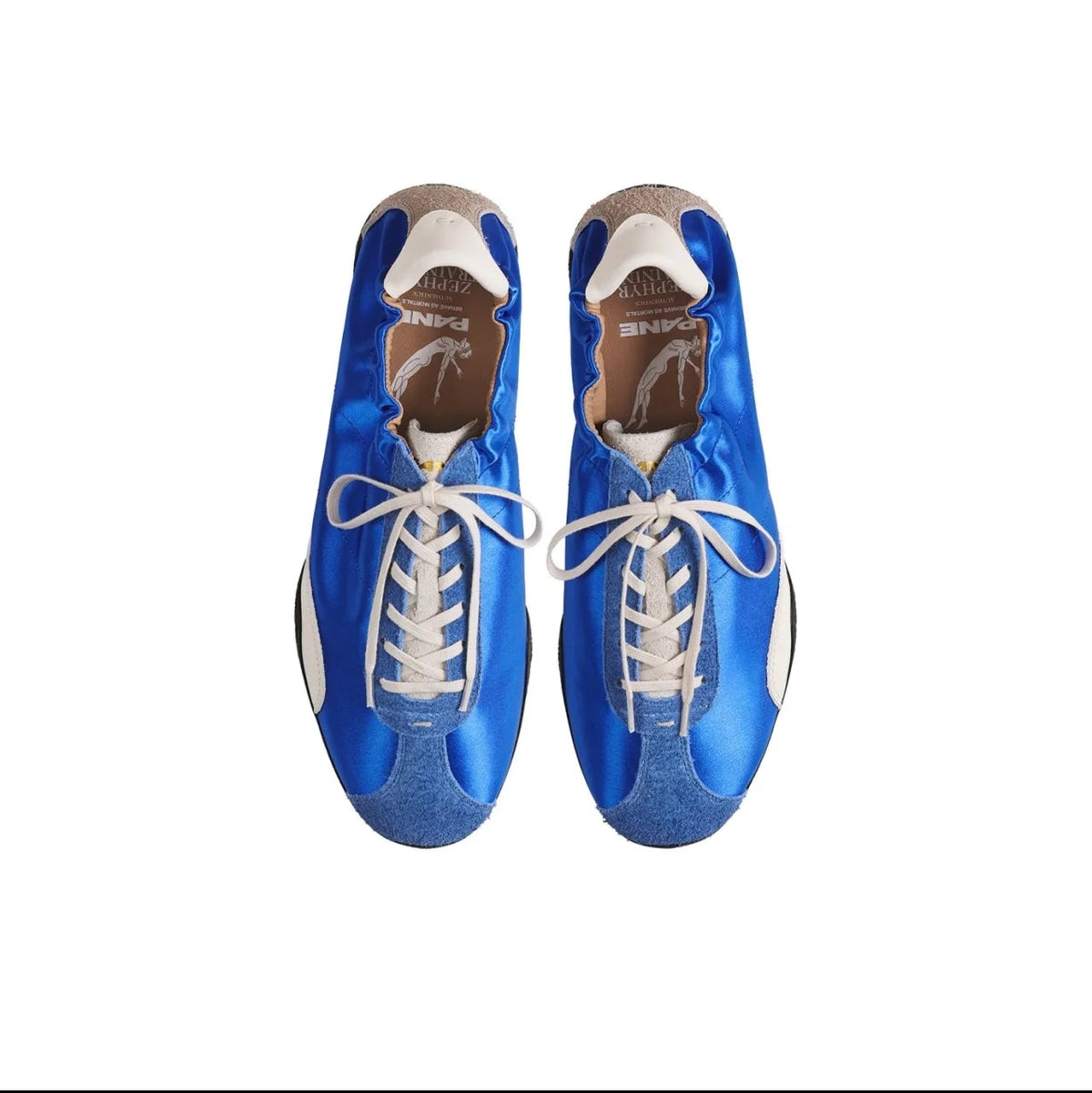 A pair of blue leather cycling shoes with white laces and white side stripes, shown from a top-down view on a white background.