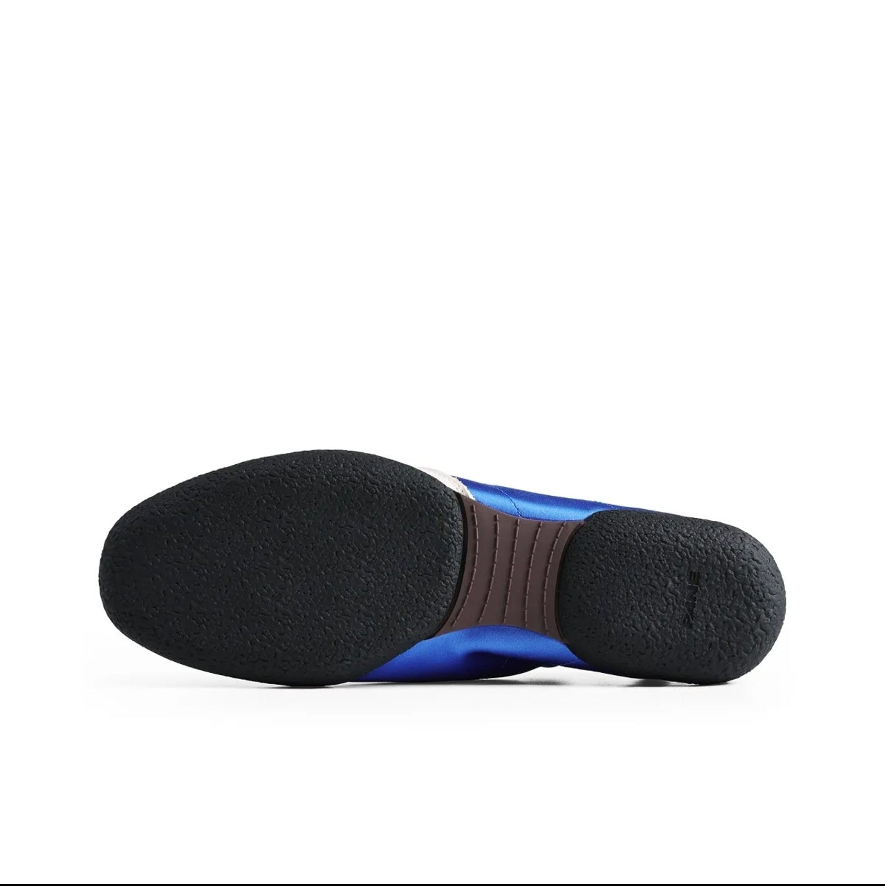 A close-up of a shoe sole, showing a black treaded bottom with a blue and brown striped midsole section, photographed on a white background within a mobile app interface.