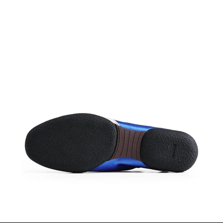 A close-up of a shoe sole, showing a black treaded bottom with a blue and brown striped midsole section, photographed on a white background within a mobile app interface.