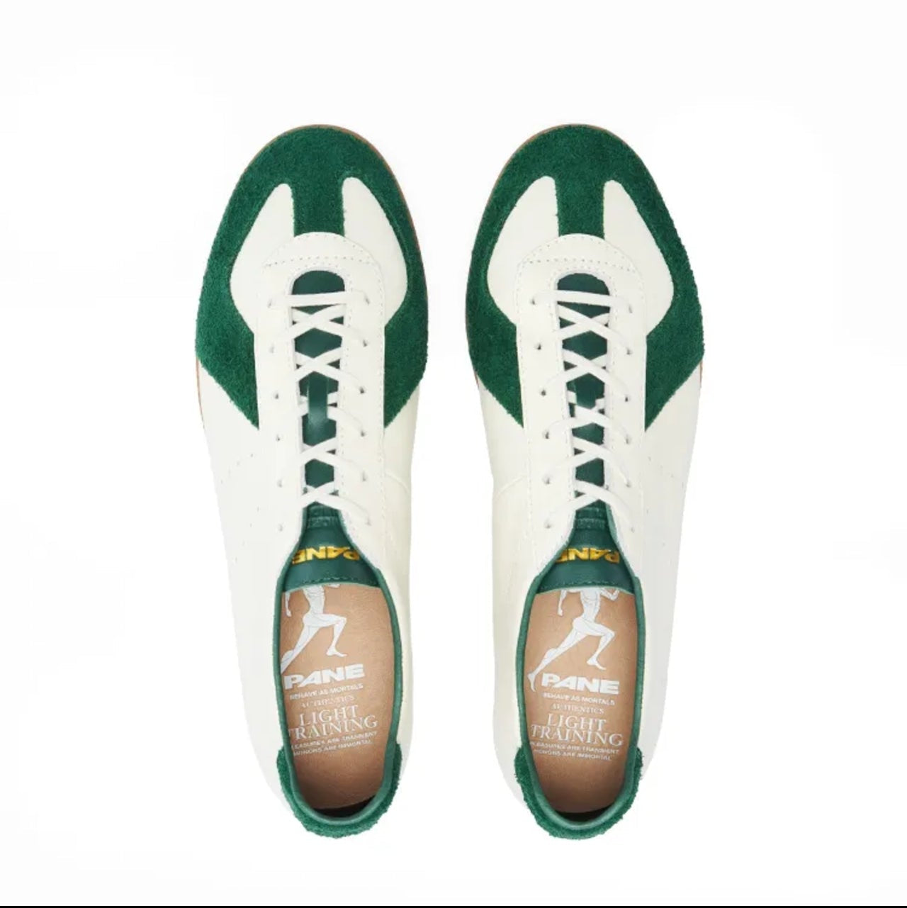 A pair of low-top sneakers shown from a top-down view on a white background, with dark green and white panels and lace-up front. The shoes appear to be the product, while the surrounding black bars and on-screen text/icons are from a mobile app interface.