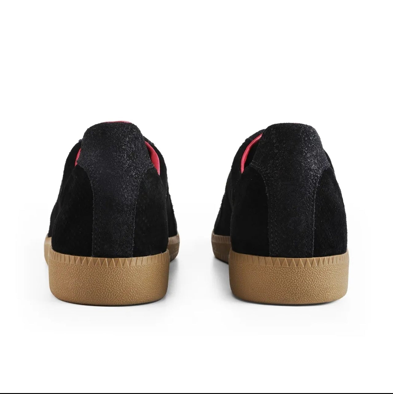 Black racerback low-top sneakers shown from the back, featuring a black textured suede upper, a thin red stripe detail near the collar, and a tan rubber sole.