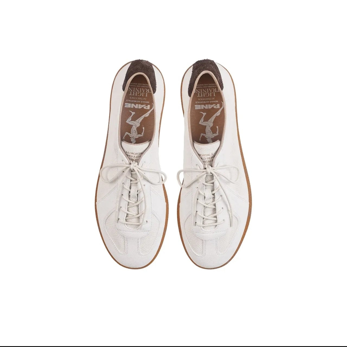A pair of white leather sneakers shown from a top-down view on a white background, with black bars at the top and bottom containing mobile app interface elements and the text 'PYTHON ALBINO 5247'.
