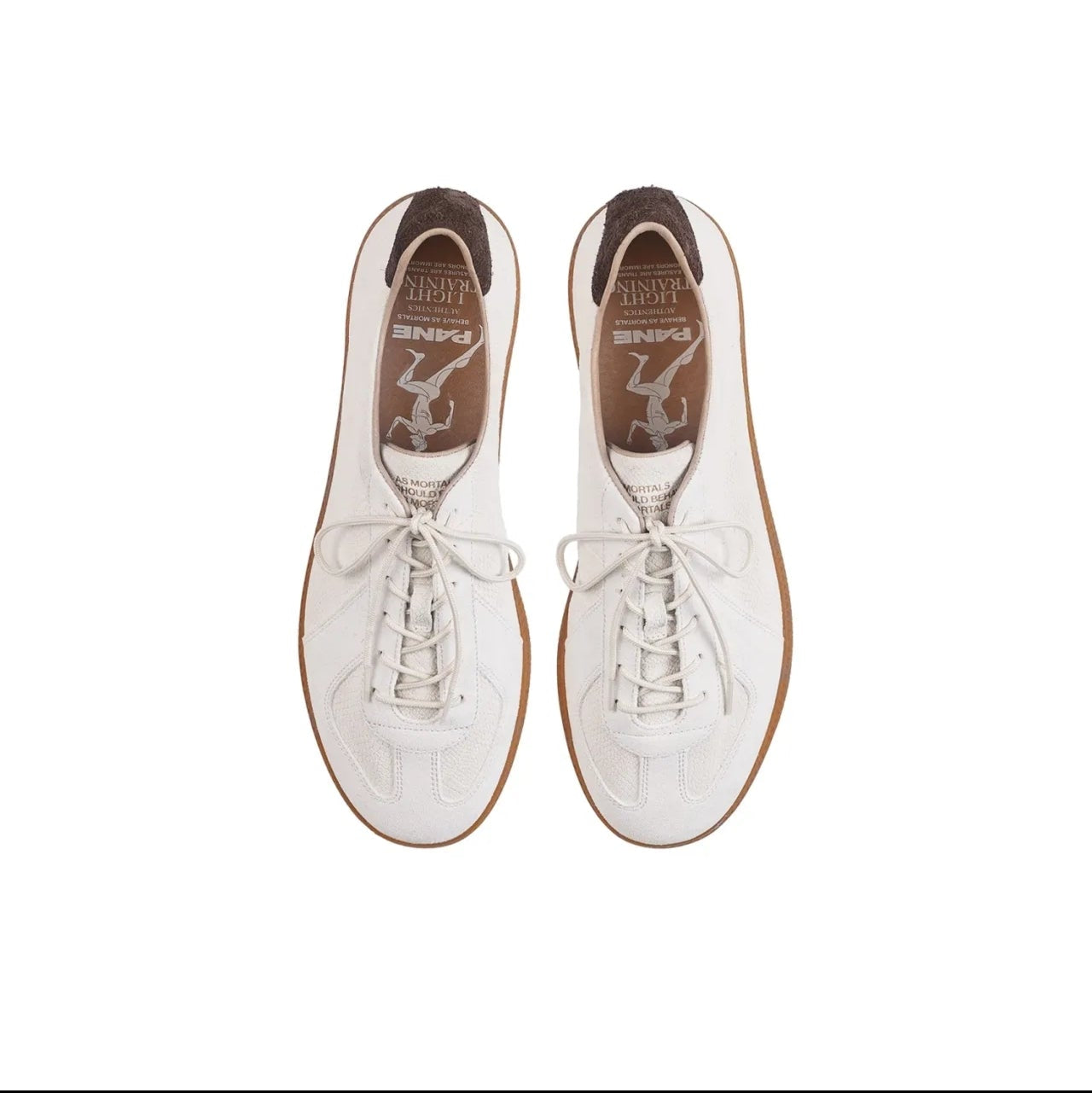 A pair of white leather sneakers shown from a top-down view on a white background, with black bars at the top and bottom containing mobile app interface elements and the text 'PYTHON ALBINO 5247'.