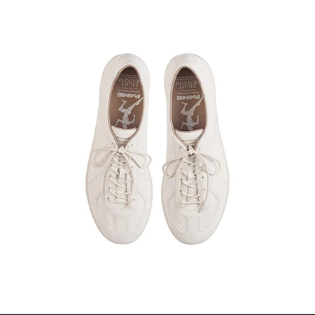 A pair of low-top lace-up sneakers shown from above on a white background, with black letterboxing and mobile app interface elements around the image.