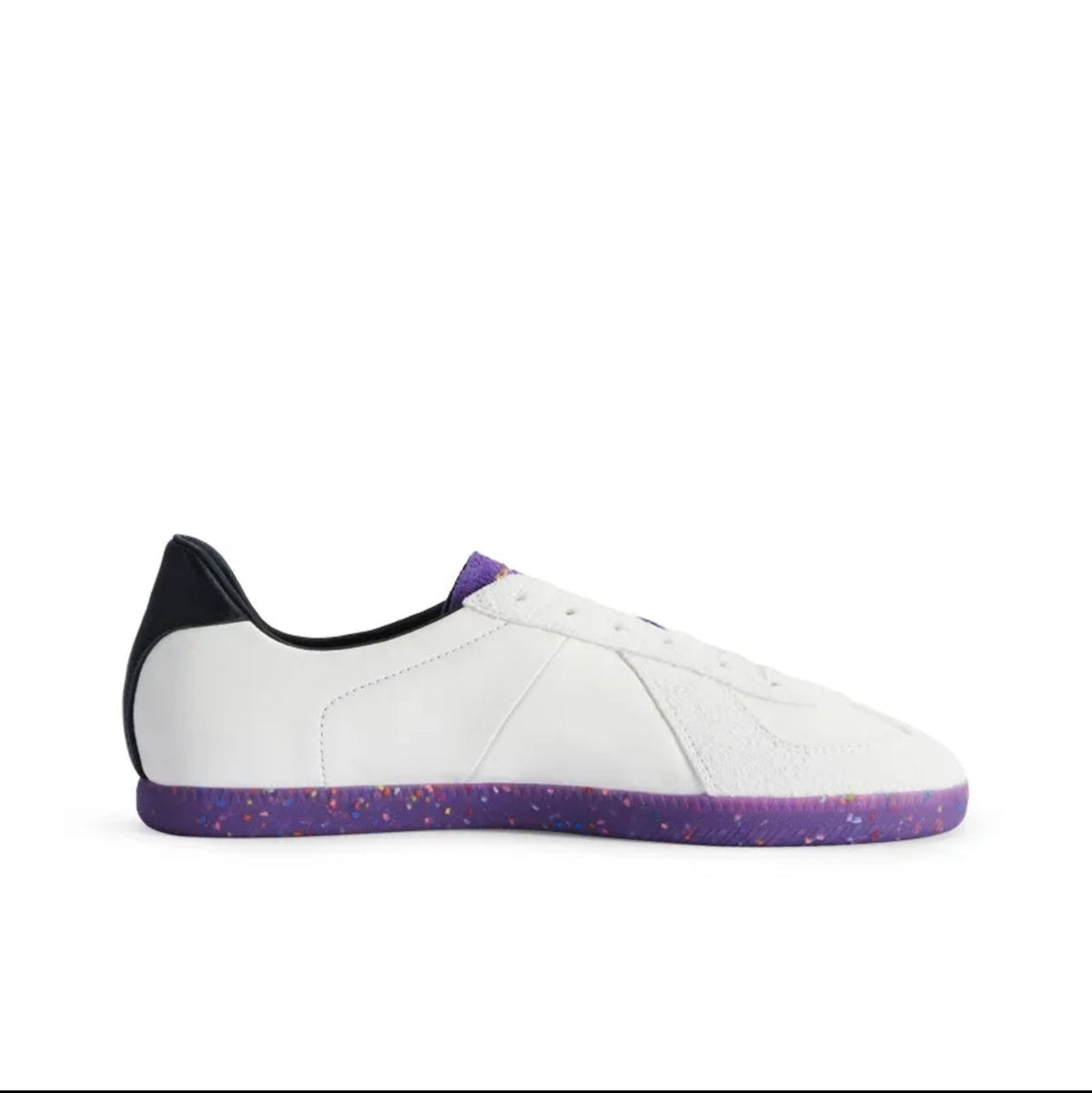 A white low-top sneaker with a purple textured sole and a black heel tab, shown on a white background within a mobile app interface.