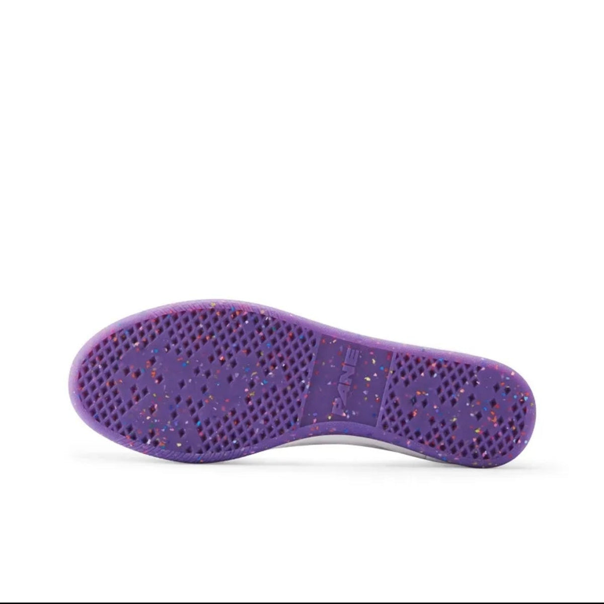 A close-up of a purple athletic shoe sole with a textured, perforated tread pattern, shown on a white background with black mobile app interface borders.