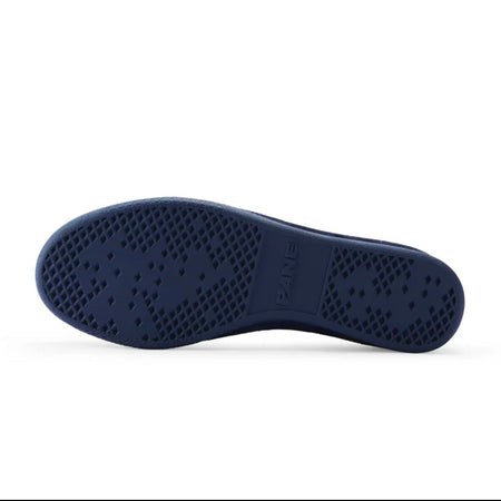 A close-up of a dark navy blue shoe sole with a textured, perforated tread pattern, shown on a white background within a mobile app interface.