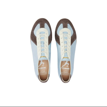 A pair of low-top sneakers shown from a top-down view on a white background, with black phone app interface bars around the image. The shoes are light blue with brown panels and white laces.