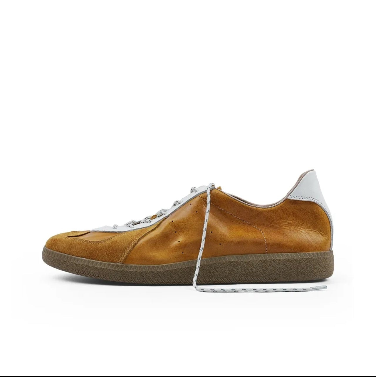 A brown suede low-top sneaker with white laces and a white heel tab, shown on a white background within a mobile app screenshot. Text below reads 'SPICE BLAZE S193'.
