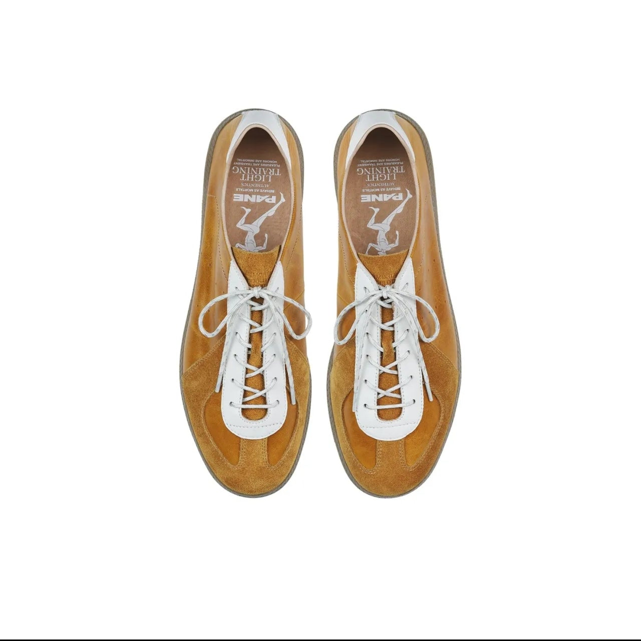 A pair of low-top lace-up shoes shown from above on a white background, with a black phone app interface around the photo. The shoes appear tan or camel brown with white laces and white trim around the collar and eyelets.