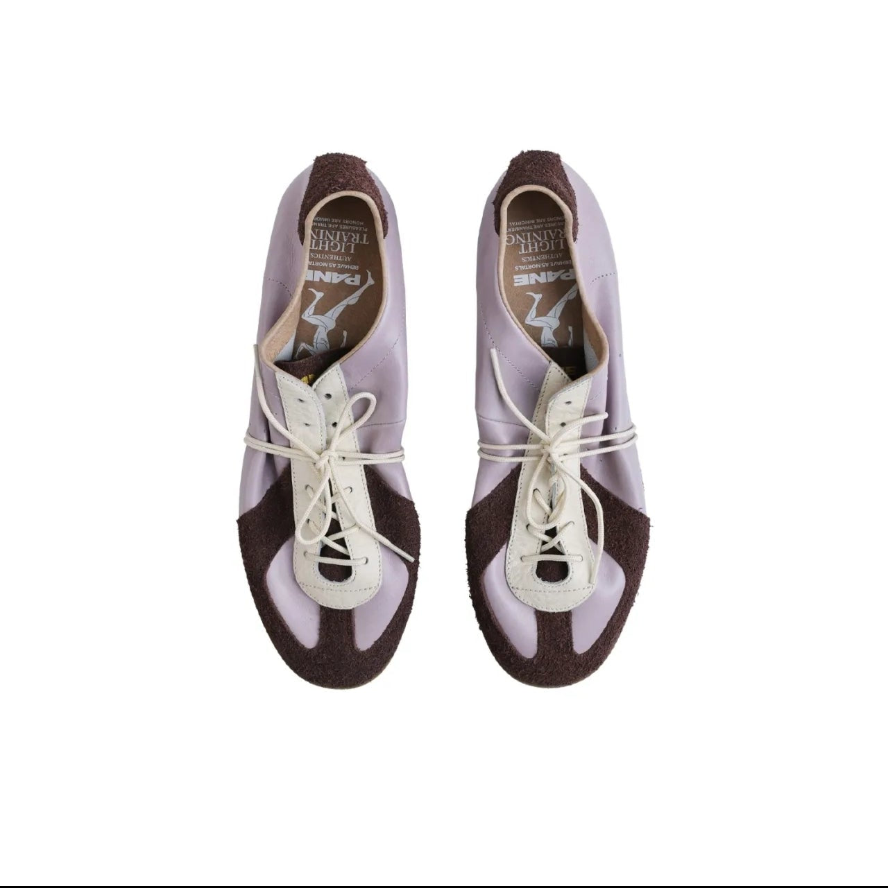 A pair of low-top lace-up shoes shown from a top-down view on a white background, with black letterboxing and mobile app interface elements around the photo.