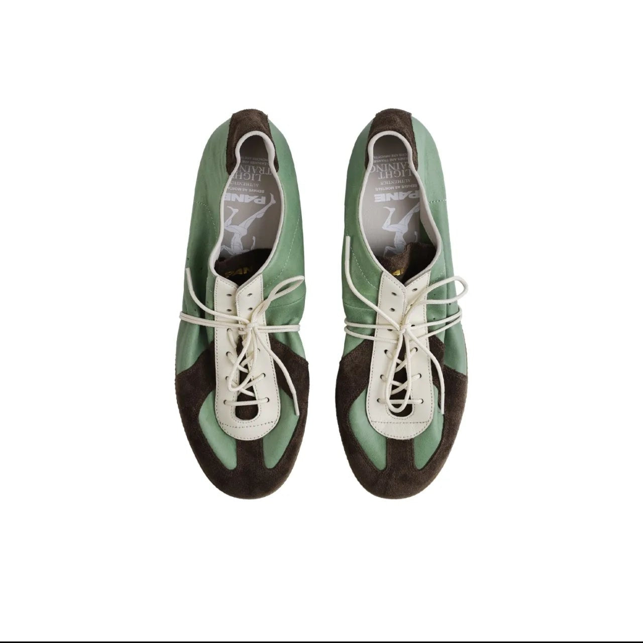 A pair of mint green and brown lace-up shoes with white laces, shown from a top-down view on a white background within a mobile app screenshot.