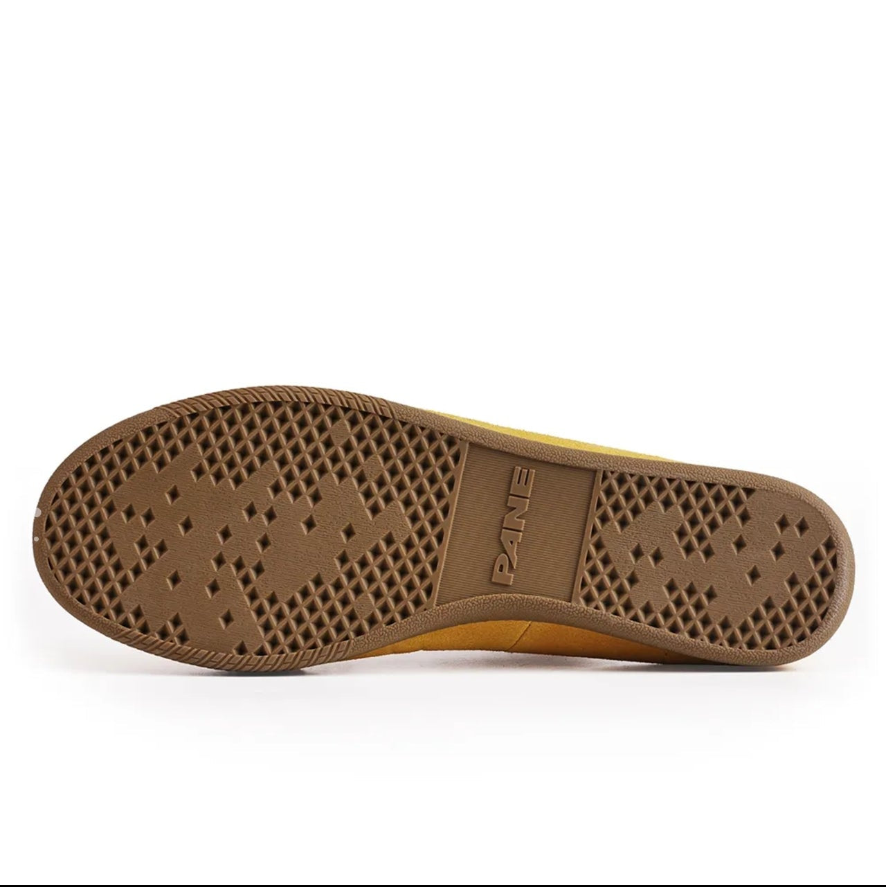 A close-up of a shoe's brown rubber outsole, showing tread patterns and embossed branding, displayed on a white background within a mobile app screenshot.