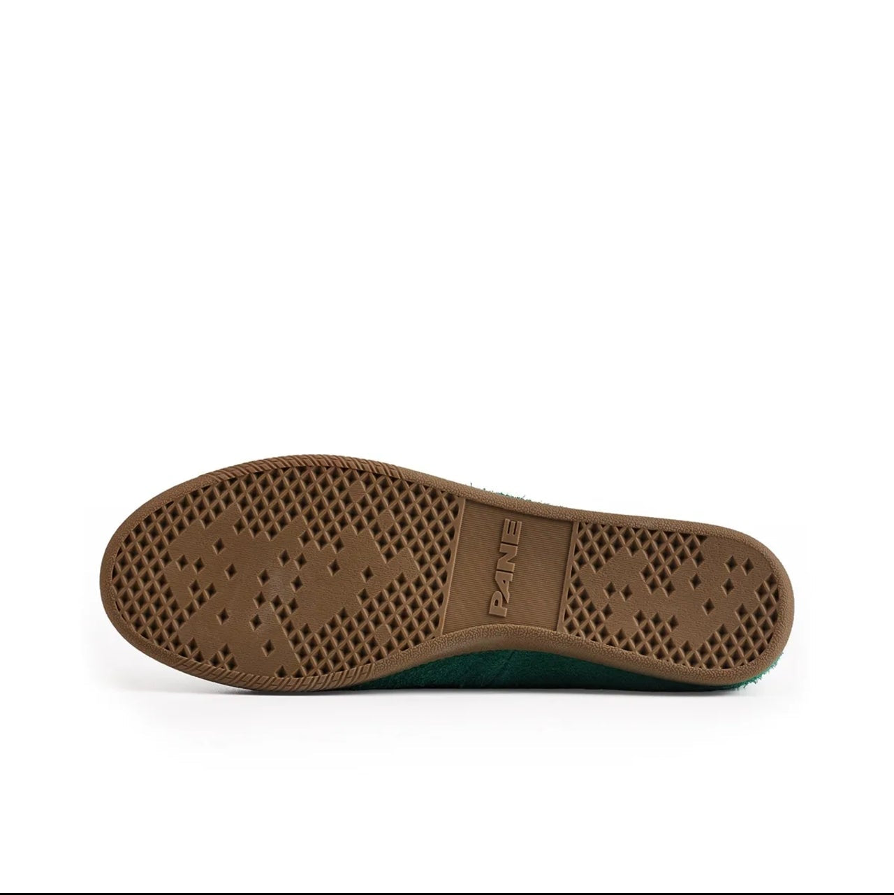 A shoe sole view showing a brown rubber tread with a green side edge, photographed on a white background within a mobile app interface.