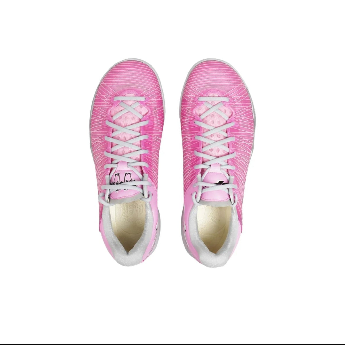 A pair of pink athletic cleats shown from a top-down view on a white background, with a black phone app interface framing the photo.