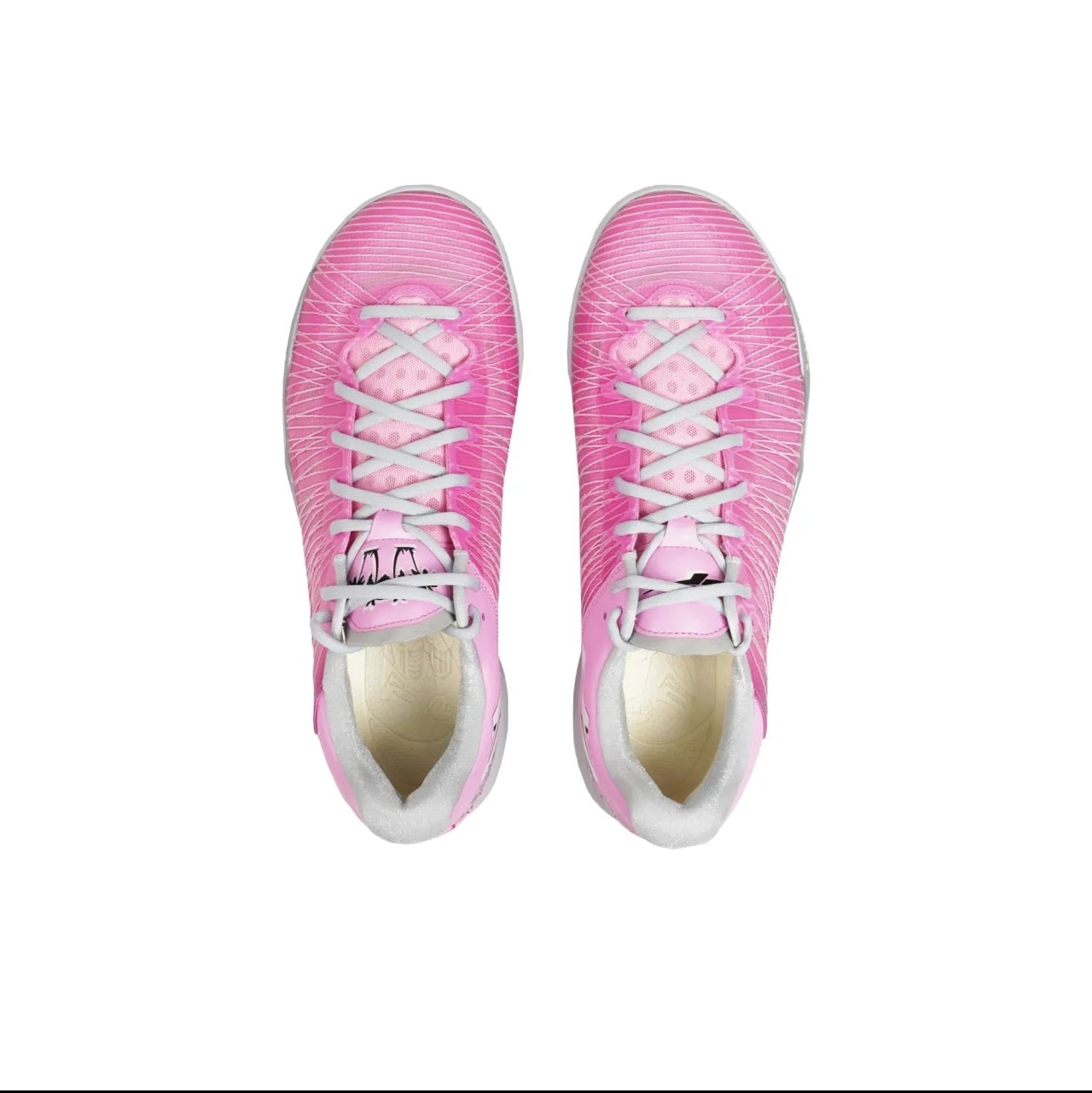 A pair of pink athletic cleats shown from a top-down view on a white background, with a black phone app interface framing the photo.
