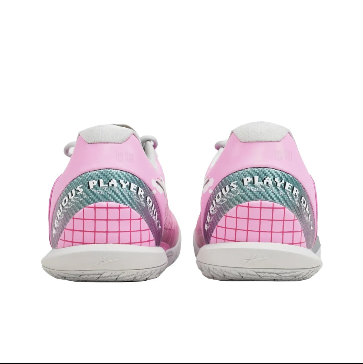 Pink and white athletic sneakers shown from the back, featuring a pink grid pattern on the heel and a green and white 'ASUROR PLATELET' logo on the midsole.