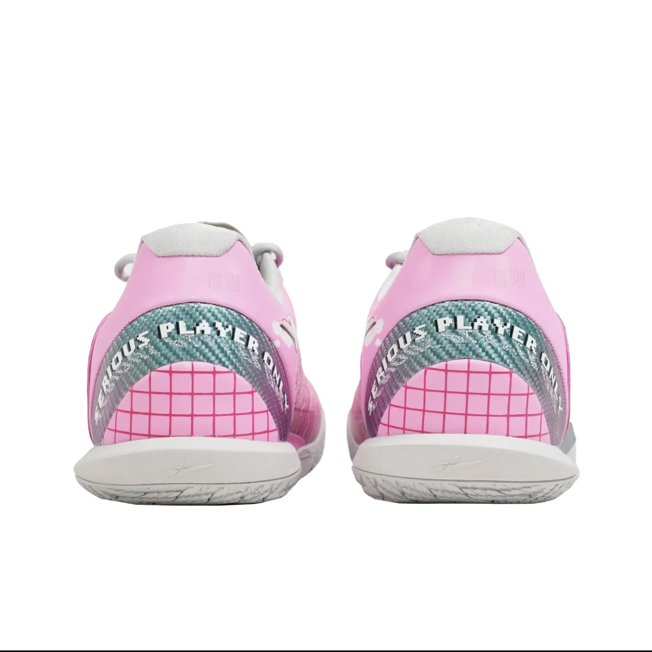 Pink and white athletic sneakers shown from the back, featuring a pink grid pattern on the heel and a green and white 'ASUROR PLATELET' logo on the midsole.